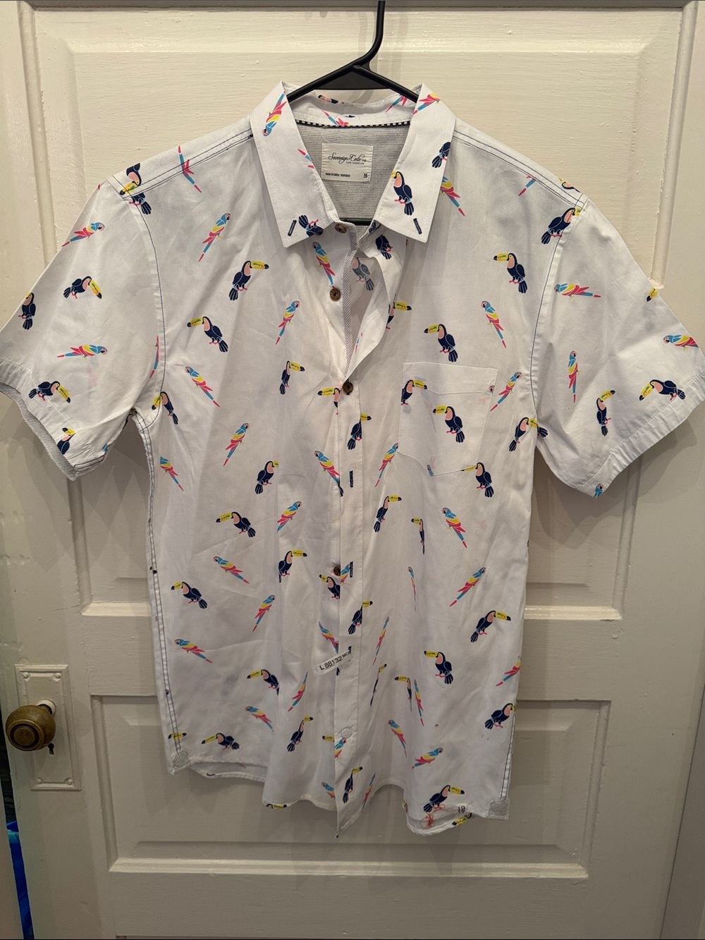 Sovereign acids Los Angeles White Short-Sleeve Button-Up Shirt with Toucan Print